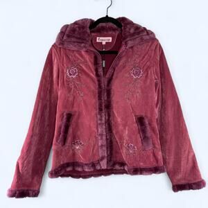 NWT Y2K Cappuccino Faux Fur Embroidered Velour Jacket Sz L - Pink Bratzcore Coat